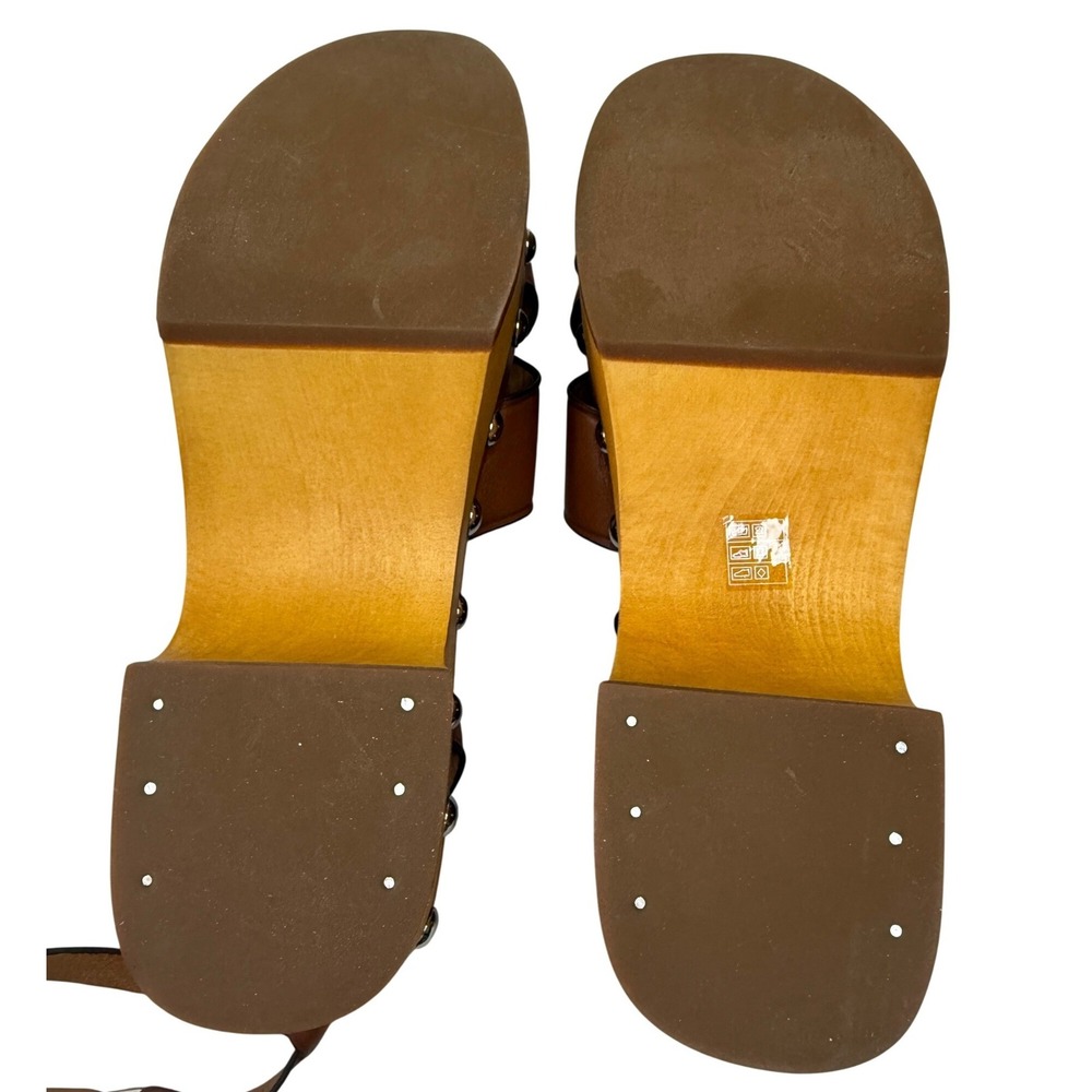 Coach Astor Saddle Brown Leather Studded Wooden Platform Sandals 8M Q8952 NEW - Picture 2 of 7